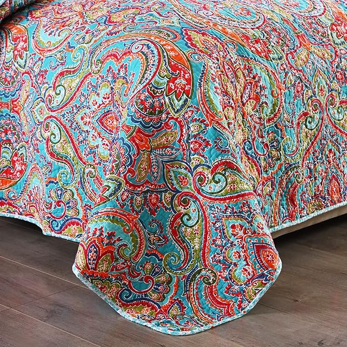 Travan 3-Piece Bedspread Quilt Set Oversized Reversible Quilted Bedding Cotton Coverlet Set with Shams, Gorgeous Floral Pattern, Queen Size
