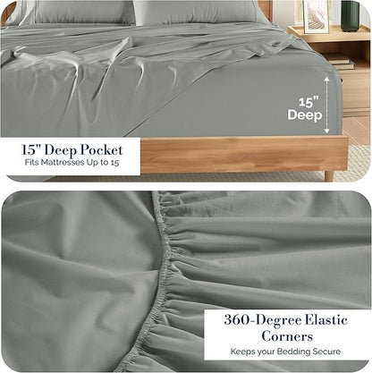 Casa Platino Bed Sheets King – 100% Cotton King Size Bed Sheet Set with 4 Pillowcases, Cool and Soft Percale Fabric, Ideal for All-Season Comfort, Ultra Soft with 15" Deep Pocket Fitted Sheet – Grey
