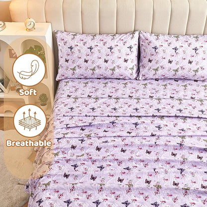 Softan Floral Twin Size Sheet Set, Purple Paisley Flower Printed Sheets for Kids Girls, Brushed Microfiber Fitted Sheet with 15" Deep Pocket & Non-Slip Straps, Butterfly Patterned Sheets