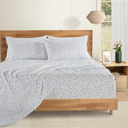 Casa Platino 100% Cotton Sheets Split King Size Set - 7 Pieces (1 Flat, 2 Fitted, 4 Pillowcases) - Soft, Breathable & Cooling Percale Bed Sheets with Deep Pocket - Split King Sheet Set - Floralis