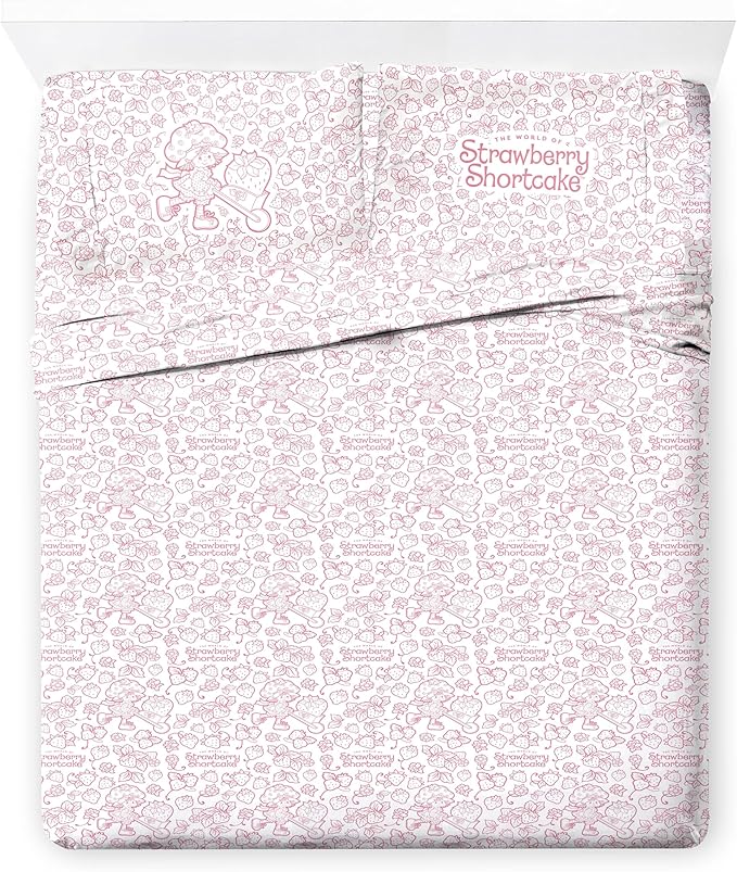 Jay Franco Kids Sheet Set with Fitted, Flat Sheets & Pillow Cover - Ultra-Soft Bedding with Pillowcase for Room Decor, Pink - Strawberry Shortcake, 4 Piece Full