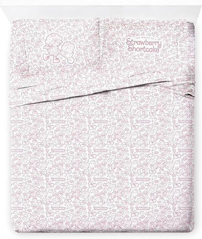 Jay Franco Kids Sheet Set with Fitted, Flat Sheets & Pillow Cover - Ultra-Soft Bedding with Pillowcase for Room Decor, Pink - Strawberry Shortcake, 4 Piece Queen