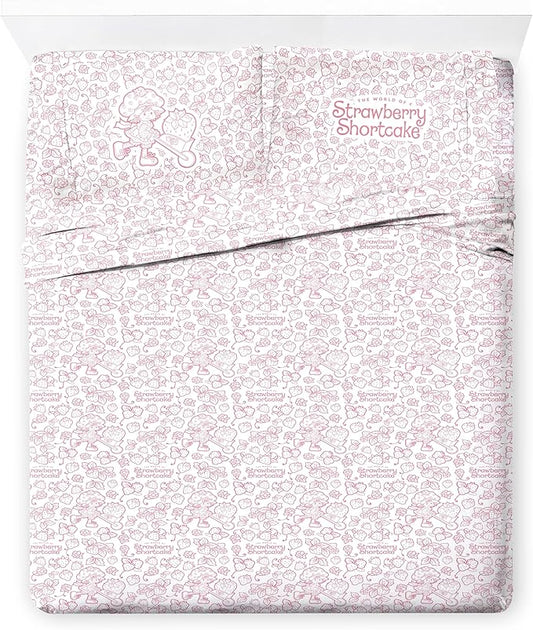 Jay Franco Kids Sheet Set with Fitted, Flat Sheets & Pillow Cover - Ultra-Soft Bedding with Pillowcase for Room Decor, Pink - Strawberry Shortcake, 4 Piece Queen
