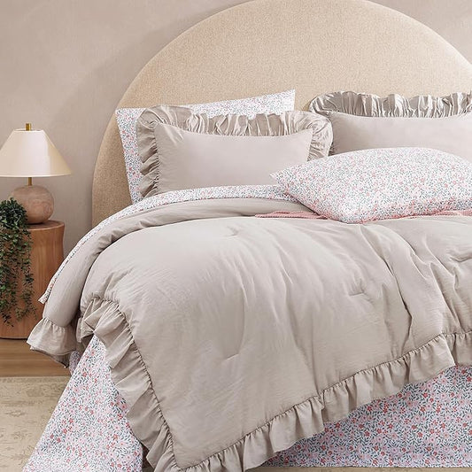 Twin XL Comforter Set - 5 Pieces Ruffle Birch Bedding Sets, Shabby Chic Farmhouse Bed in a Bag Twin XL with Ruffle Comforter, Floral Sheets, Pillowcases & Shams