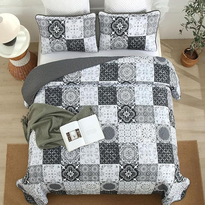 Dobuyly Grey Black Quilt Set Full Size, Boho Plaid Patchwork Bedspreads Coverlet Set, 3 Pieces Soft Lightweight Microfiber Farmhouse Quilt Bedding Set for All Seasons 78"x90"