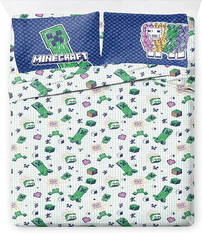 Jay Franco Kids Comforter Set Includes Sheets and Pillow Covers - Soft and Cozy Bed Set for Stylish Room Decor, Blue - Minecraft 02, 7 Piece Full Bedding