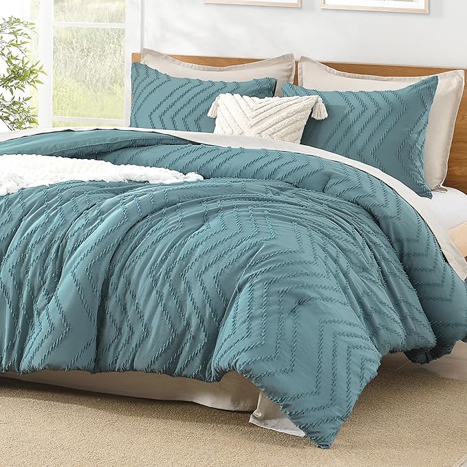 Litanika Comforter Super King Plus Size Set Grayish Teal, 3 Pieces Chevron Tufted Solid Bedding Comforter Sets, Fluffy Bed Set