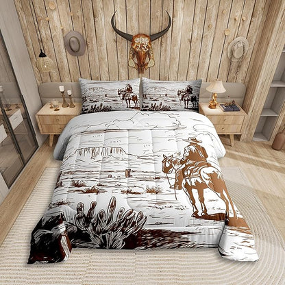 Western Comforter Set Queen, Farmhouse Cowboy Bedding Set Western Bedding, Country Southwest Desert Down Comforter, American Wild Cactus Duvet Insert, Vintage Hand Drawn Print 3Pcs Quilt for Boys Men