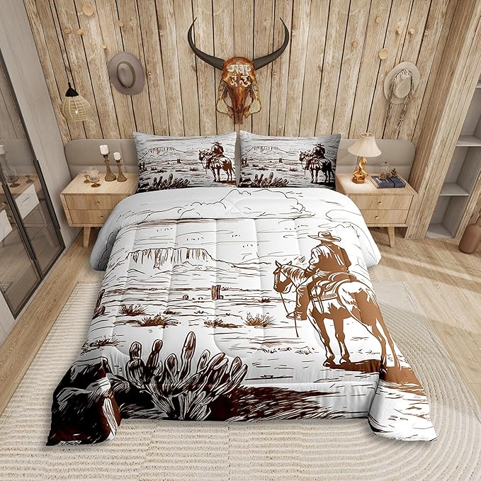 Western Comforter Set King, Farmhouse Cowboy Bedding Set Western Bedding, Country Southwest Desert Down Comforter, American Wild Cactus Duvet Insert, Vintage Hand Drawn Print 3Pcs Quilt for Boys Men