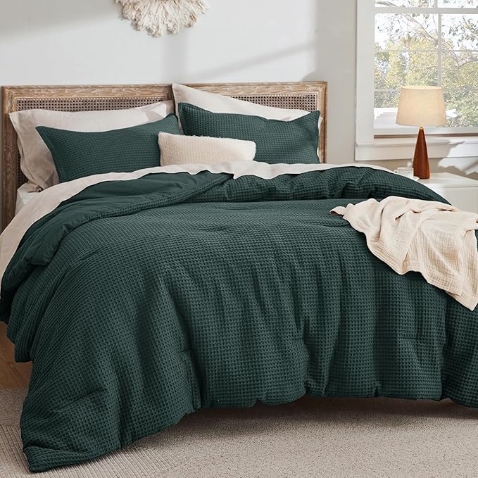 Bedsure Waffle Comforter Set King, Forest Green Soft Bedding, Waffle Weave Bed Set, 3 Pieces, 1 Comforter (104"x90") and 2 Pillow Shams, Cotton Shell and Polyester Lining for All Seasons