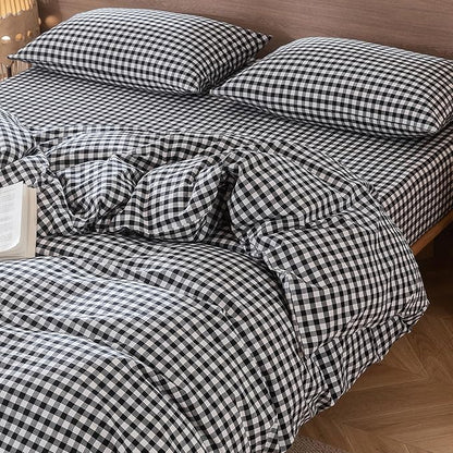 MooMee Gingham Duvet Cover Set 100% Washed Cotton Linen Like Textured Breathable Durable Soft Comfy Modern Checkered Design (Black White Gingham, Queen 90"x90")