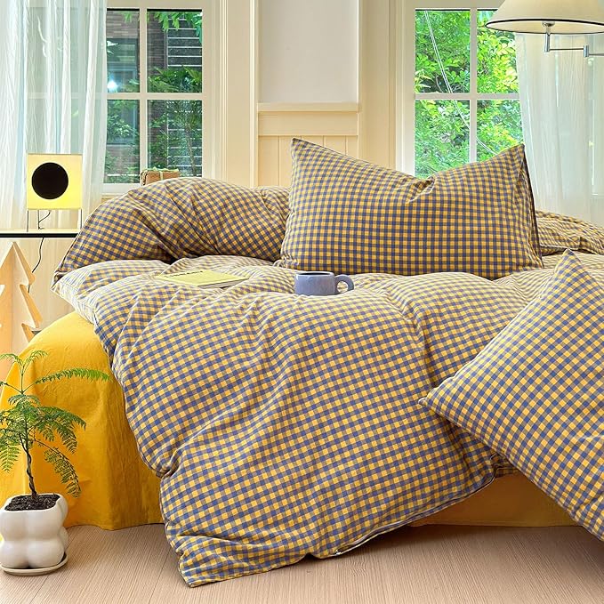 LifeTB Gingham Comforter Set Twin XL Modern Style Purple Yellow Plaid Comforter Set 3 Pieces Soft Fluffy Grid Checkered Pattern Comforter with 2 Pillowcases Farmhouse Gingham Bedding Set Twin XL