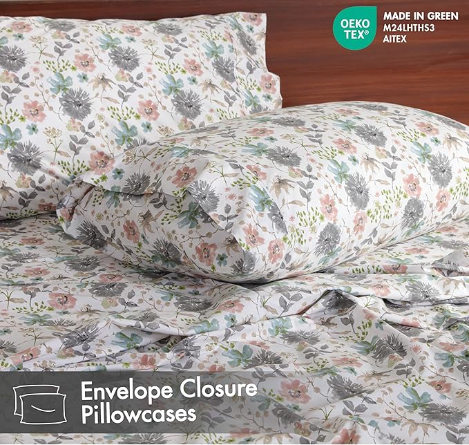 RUVANTI 100% Cotton Sheets – California King Percale Bedding, Cooling & Breathable Floral Design, Durable with a Crisp, Soft & Comfortable Feel, 14" Deep Pocket, 4-Piece Set, Dandelion Field
