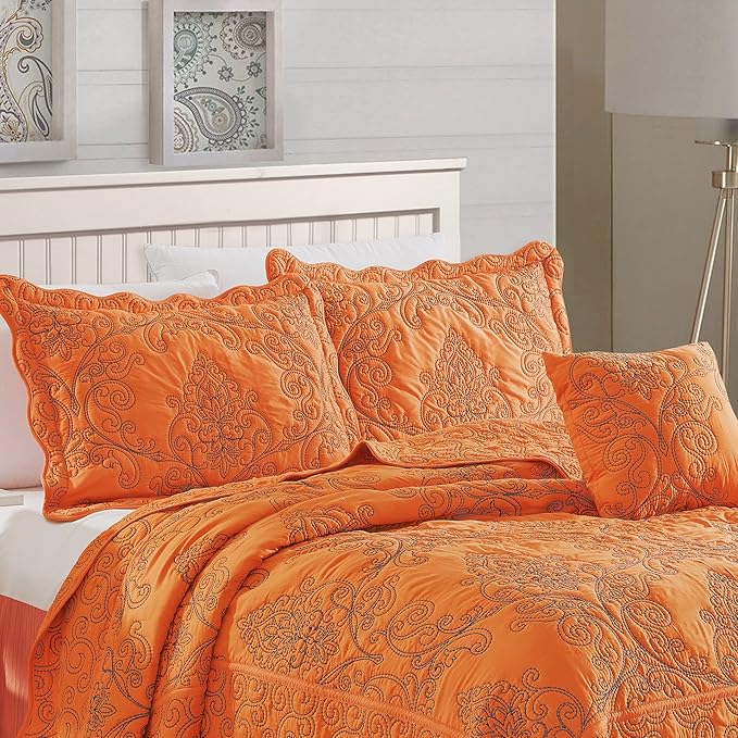 Home Soft Things Damask 4 Piece Bedspread Set, Scalloped Edge Reversible Quilt Coverlet Comforter Prewashed Bedding Set, Matelasse Embossed Floral Solid Pattern,Nectarine Oversize Queen(110" x 120")