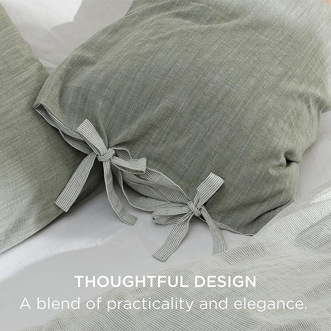 Bedsure Striped Duvet Cover King Size – Moisture-Wicking Eucalyptus Lyocell, Cotton & Linen Hybrid Comforter Cover Set with Bowknot Ties Closure – GentleSoft™ & Breathable Bedding Set – Seaweed Green