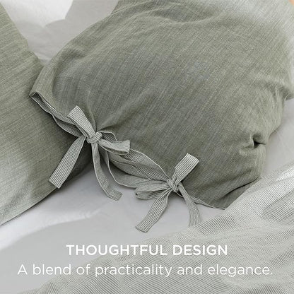 Bedsure Striped Duvet Cover King Size – Moisture-Wicking Eucalyptus Lyocell, Cotton & Linen Hybrid Comforter Cover Set with Bowknot Ties Closure – GentleSoft™ & Breathable Bedding Set – Seaweed Green