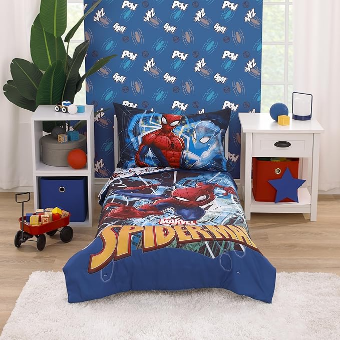 NoJo Marvel Spiderman to The Rescue Red, White, and Blue 4 Piece Toddler Bed Set - Comforter, Fitted Bottom Sheet, Flat Top Sheet, and Reversible Pillowcase