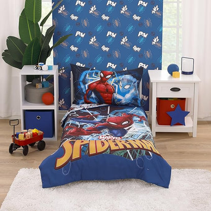NoJo Marvel Spiderman to The Rescue Red, White, and Blue 4 Piece Toddler Bed Set - Comforter, Fitted Bottom Sheet, Flat Top Sheet, and Reversible Pillowcase