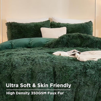 Andency Fluffy Emerald Green Comforter Set Queen Size, 3 Pieces Winter Faux Fur Warm Soft Fuzzy Plush Bedding Comforter Set (1 Velvet Comforter & 2 Pillowcases), Thick Heavy Puffy Comfy Bedding Set