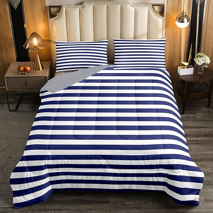 Navy Blue Stripe Comforter Set Full Size White Geometric Ticking Stripes Reversible Down Comforter Farmhouse Horizontal Stripes Gothic Home Decor Duvet Set Modern Abstract Striped Bedding Set