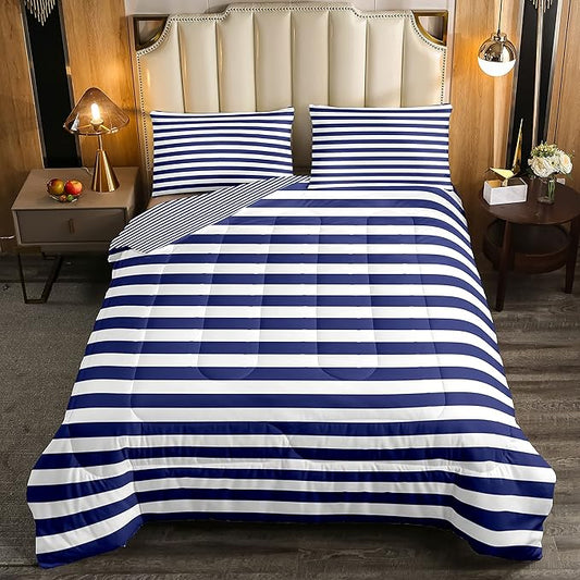 Navy Blue Stripe Comforter Set King Size White Geometric Ticking Stripes Reversible Down Comforter Farmhouse Horizontal Stripes Gothic Home Decor Duvet Set Modern Abstract Striped Bedding Set