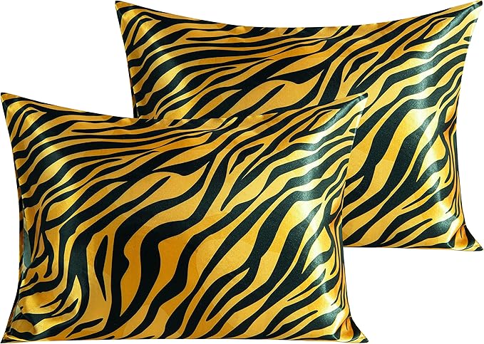 NTBAY 2 Pack Satin Standard Pillowcases for Hair and Skin, Luxurious and Silky Zebra Printed Pillow Cases with Envelope Closure, 20x26 Inches, Yellow and Black