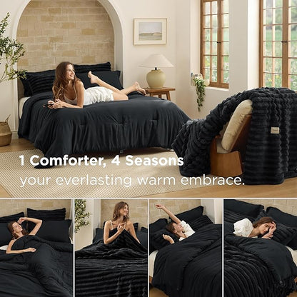 Bedsure Gentlesoft™ 2-in-1 Queen Comforter Set and Detachable Fluffy Blanket, Black Bedding Set for All Season Use, SnapTech™ Design for Space Saving (Includes 2 Pillow Shams, 2 Pillowcases)