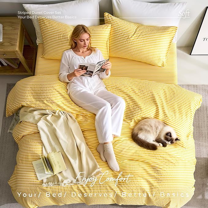 JELLYMONI 100% Natural Cotton 3pcs Striped Duvet Cover Sets,Yellow with White Stripes Pattern Printed Comforter Cover,with Zipper Closure & Corner Ties(King Size)
