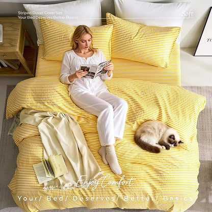 JELLYMONI 100% Natural Cotton 3pcs Striped Duvet Cover Sets,Yellow with White Stripes Pattern Printed Comforter Cover,with Zipper Closure & Corner Ties(Full Size)