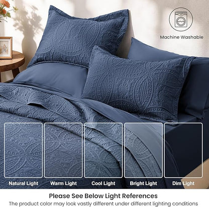 Love's cabin Queen Quilt Set Navy, Bed in a Bag Queen Size Bedding 7 Pieces, Ultrasonic Embossed Coin Pattern Comforter, Lightweight Bedspreads for All Seasons Quilt with Sheets, Pillowcases & Shams