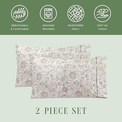 Elegant Comfort Ultra Soft Set of 2 Floral Print Pillowcases - 1500 Premium Hotel Quality Microfiber, Soft and Smooth Envelope Closure 2-Piece Pillow Covers - King, Paisley Taupe
