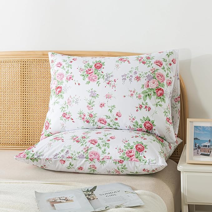 Zusbest 100% Cotton Pink Floral Pillow Cases Standard Size Set of 2, 19''×29'', Queen Size Shabby Rose Floral Pillowcases, Flower Printed Chic Pillow Covers Soft Envelope Queen Pillowcase Protectors