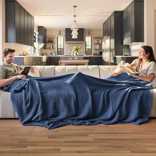 Bedsure Gentlesoft 100% Cotton Blanket Twin XL Size for College Dorm - Cooling Breathable and Soft for Spring Summer, Waffle Weave Twin Blanket for Bed, Dorm Room Essentials, Navy, 66x90 inches