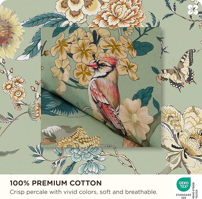 Bedsure Floral Duvet Cover King Size - 100% Cotton Reversible Flowers and Birds Pattern Duvet Cover Set, 3 Pieces Soft & Breathable PureWoven Bedding Set with 2 Pillow Shams (Green Garden, 104"x90")