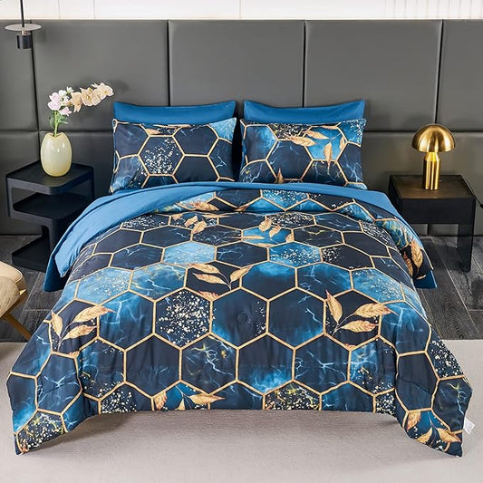 ANGIYUIN 7-Piece Blue Gold Marble Queen Bedding Set, Modern Steel Blue Foil Print with Matched Sheets