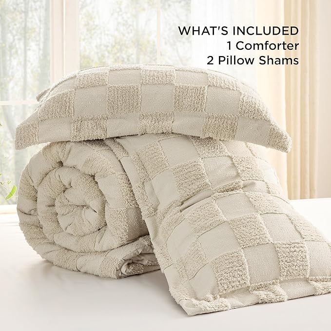 Bedsure Queen Size Comforter Set Olive Green, Boho Tufted Bed Set, Checkered Farmhouse Shabby Chic Bedding, 3 Pieces, 1 Plaid Geometric Comforter and 2 Pillow Shams
