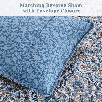 Comfort Spaces Valerie Boho Quilt Set Full/Queen Blue - Reversible Lightweight Bedding with Watercolor Medallion, Cozy All Season Quilt for Guest Room, Dorm, Teen or Adult Bed