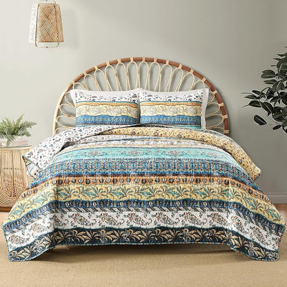 Boho Style King Quilt Set Yellow Bohemian Floral Strip Quilt Beddding Set, Soft and Lightweight Bedspread for All Season, Oversize King Bed Coverlet with 2 Matching Pillow Shams (3 Pieces)