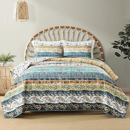 Boho Style King Quilt Set Yellow Bohemian Floral Strip Quilt Beddding Set, Soft and Lightweight Bedspread for All Season, Oversize King Bed Coverlet with 2 Matching Pillow Shams (3 Pieces)
