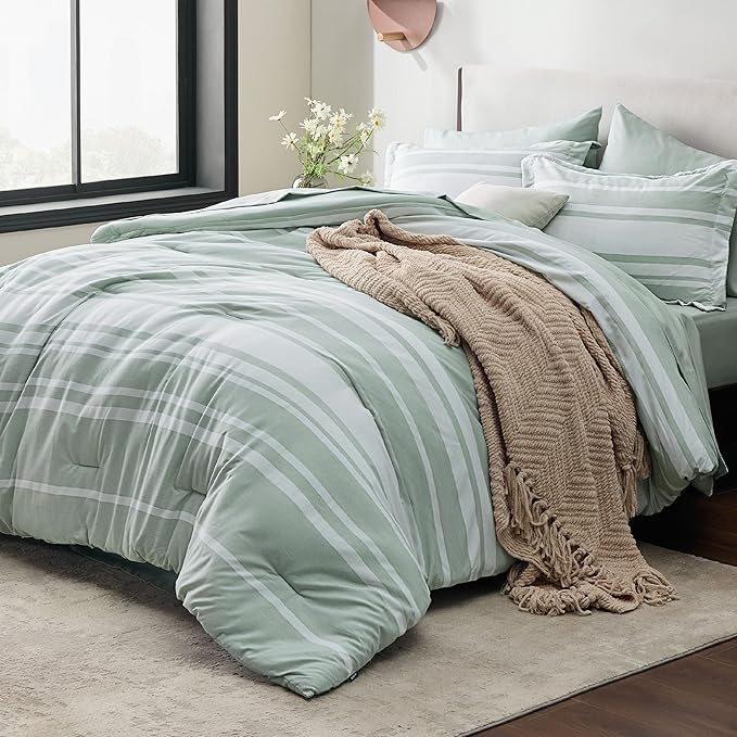 Bedsure Full Comforter Set 7 Pieces, Sage Green Striped Bedding Set for All Seasons, Reversible, Cationic Dyeing Bed in a Bag with Comforter, Sheets, Pillowcases & Shams