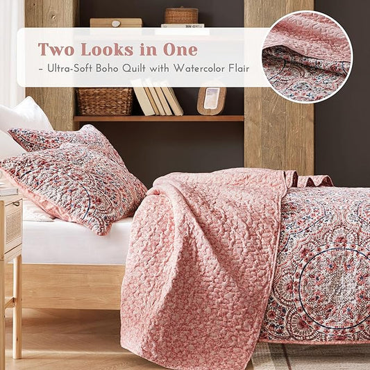 Comfort Spaces Valerie Boho Quilt Set King Pink - Soft Lightweight Bedding with Watercolor Medallion Design, Reversible All Season Quilt for Master Bedroom or Guest Room