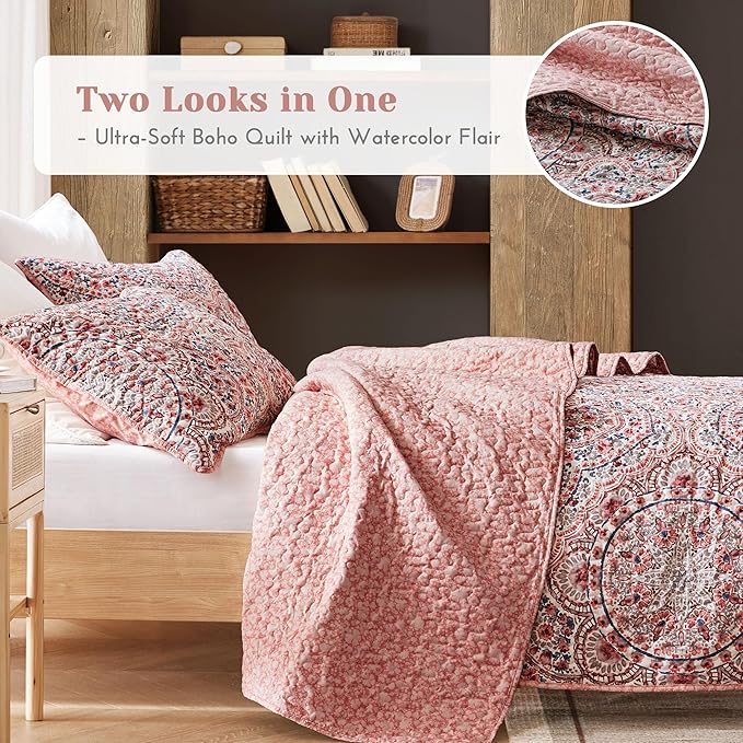 Comfort Spaces Valerie Boho Quilt Set Full/Queen Pink - Reversible Lightweight Bedding with Watercolor Medallion, Cozy All Season Quilt for Guest Room, Dorm, Teen or Adult Bed