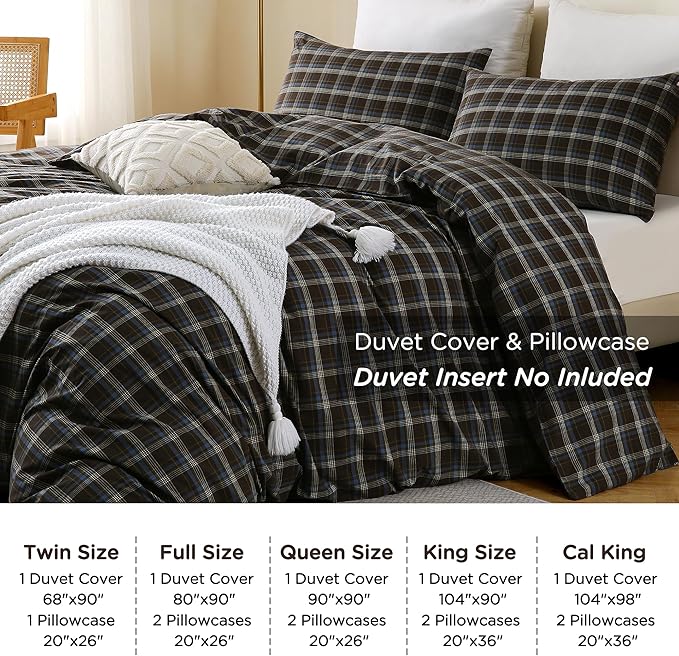 TOCOMOA Buffalo Plaid Duvet Cover Set 100% Washed Cotton Like Linen Feel Super Soft Comfy 3 Piece Brown Blue Gingham Checkered Bedding Comforter Cover Set (Full 90"x90", Comforter Not Included)