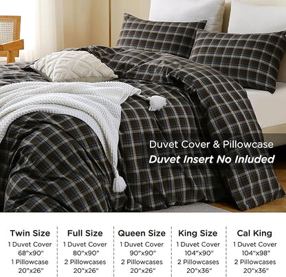 TOCOMOA Buffalo Plaid Duvet Cover Set 100% Washed Cotton Like Linen Feel Super Soft Comfy 3 Piece Brown Blue Gingham Checkered Bedding Comforter Cover Set (Full 90"x90", Comforter Not Included)