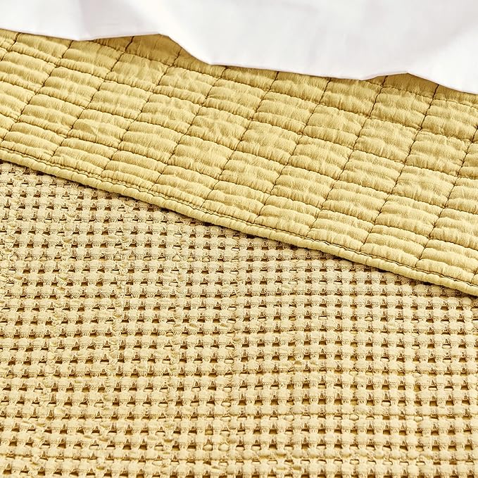 Levtex Home Mills Waffle King Bedspread Set (122x106in) with 2 Pillow Shams (36x20in) - Ochre - Cotton Waffle King Size Bedspread Set - Soft, Pre-Washed