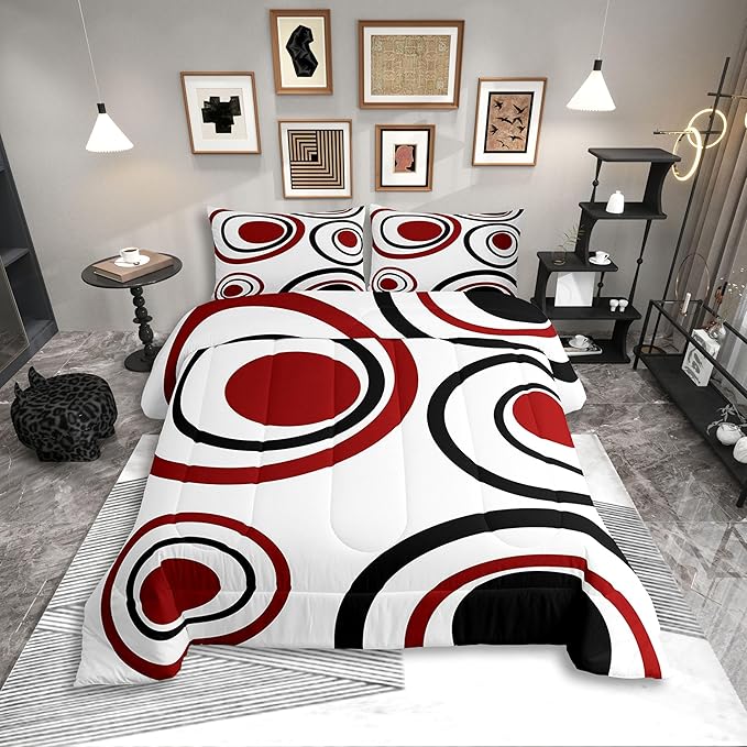 Erosebridal Red Black Circles Toddler Comforter Striped Abstract Bedding Set Modern Geometric Duvet Insert Minimalism Lines Boho Simple Art Bed Sets