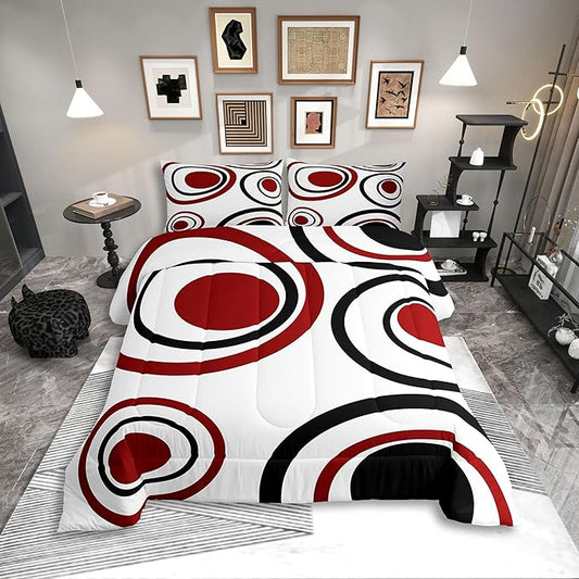 Erosebridal Red Black Circles Twin Bedding Sets for Adult Women Men Striped Abstract Comforter Set Modern Geometric Quilt Duvet Set Minimalism Lines Boho Simple Art Bedding Collections