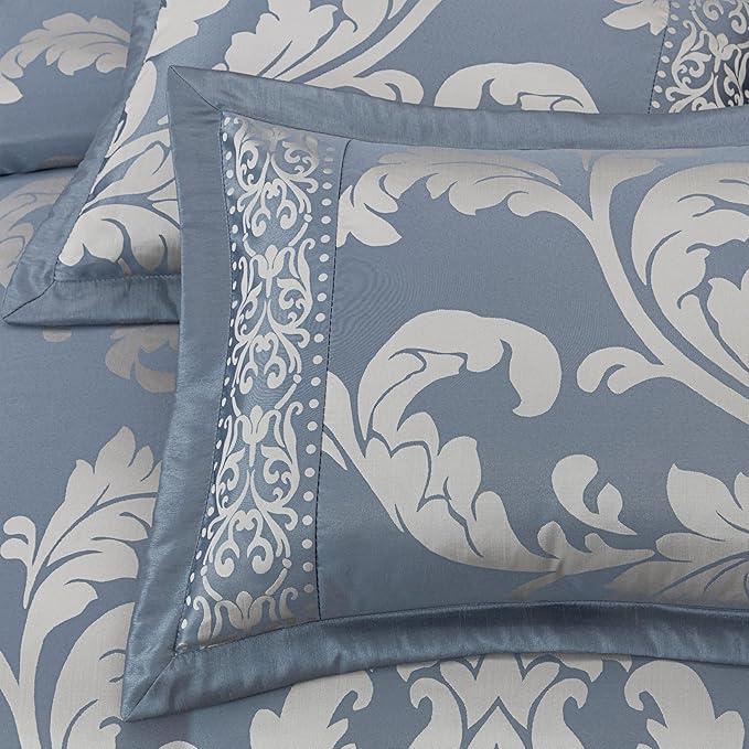 Chezmoi Collection Royale 7-Piece Jacquard Floral Comforter Set, California King, Grayish Blue/Gray