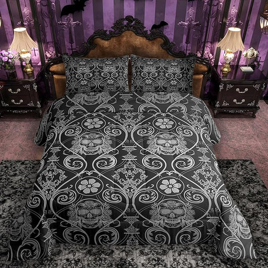 Feelyou Adults Grey Vintage Damask Floral Comforter Set Oriental Antique Comforter Queen Size Exotic Sugar Skull Rose Bedding Set Gothic Bohemia Boho Duvet Set Quilt Set 3Pcs