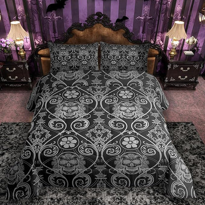 Feelyou Adults Grey Vintage Damask Floral Comforter Set Oriental Antique Comforter Full Size Exotic Sugar Skull Rose Bedding Set Gothic Bohemia Boho Duvet Set Quilt Set 3Pcs
